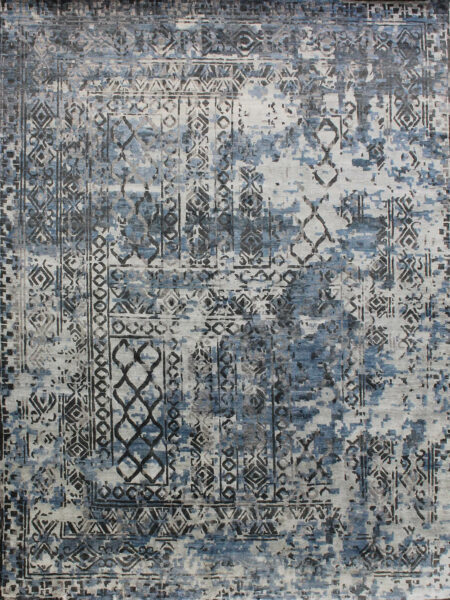 Maxim grey blue handknot rug in a modern traditional pattern overhead