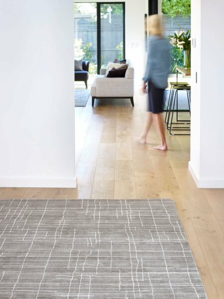 quiver steel grey rug lifestyle image in living room