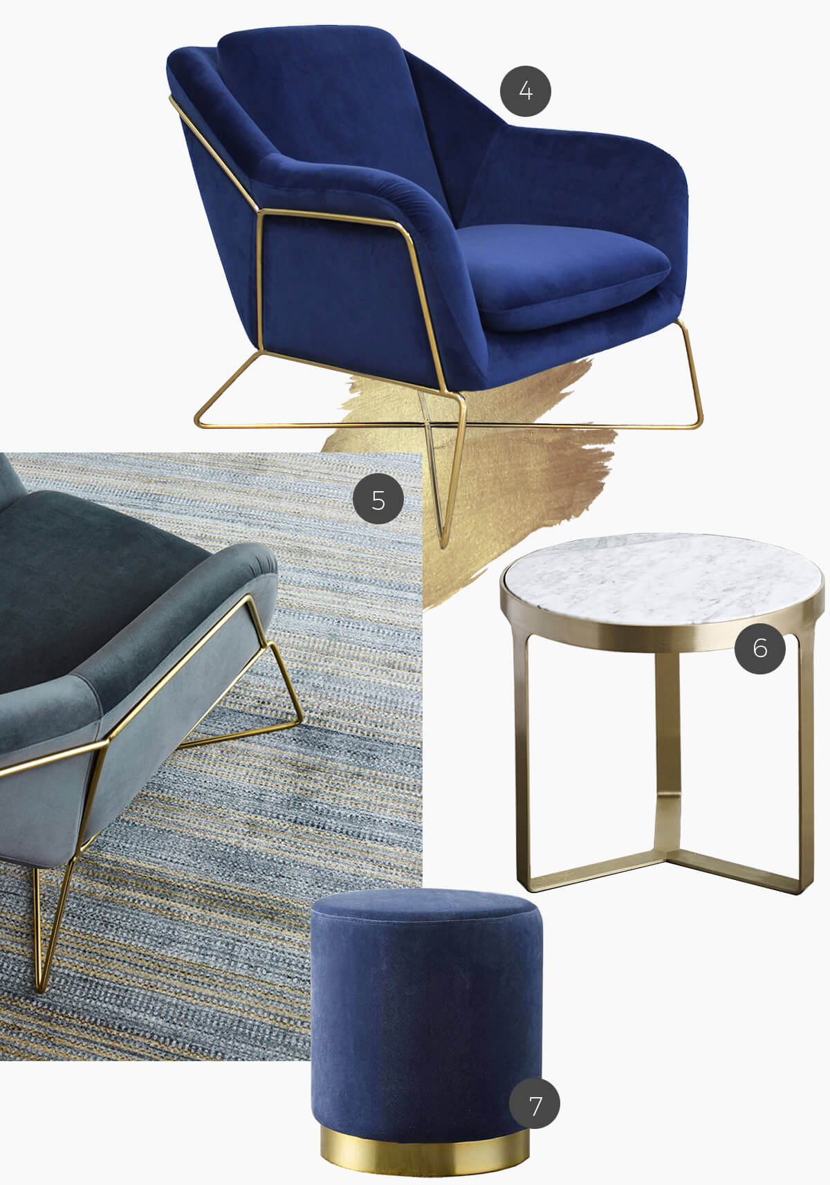 gold accents on rugs and furniture with Navy Velvet Charlotte occasional chair