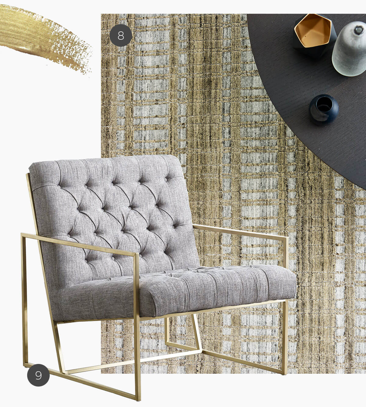 gold accents on rugs and furniture with santa monica rug and bentley chair