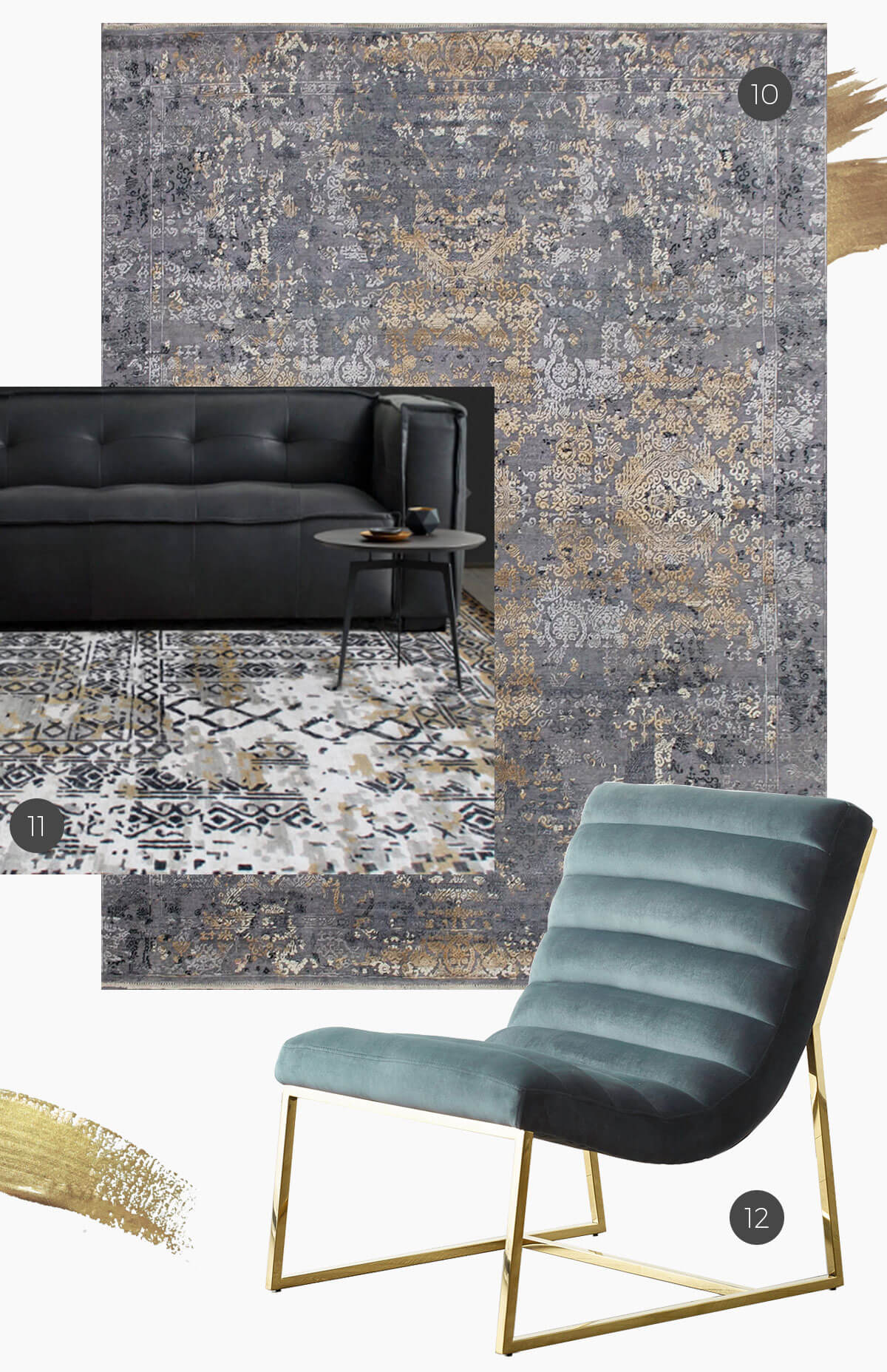 gold accents on rugs and furniture with port velvet chair and winston leather sofa