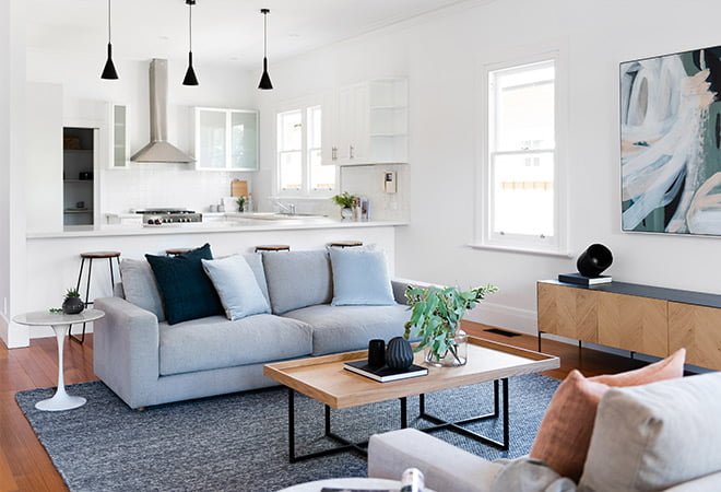 The Urbane Property Stylist interior design of living room with Hunter Denim rug