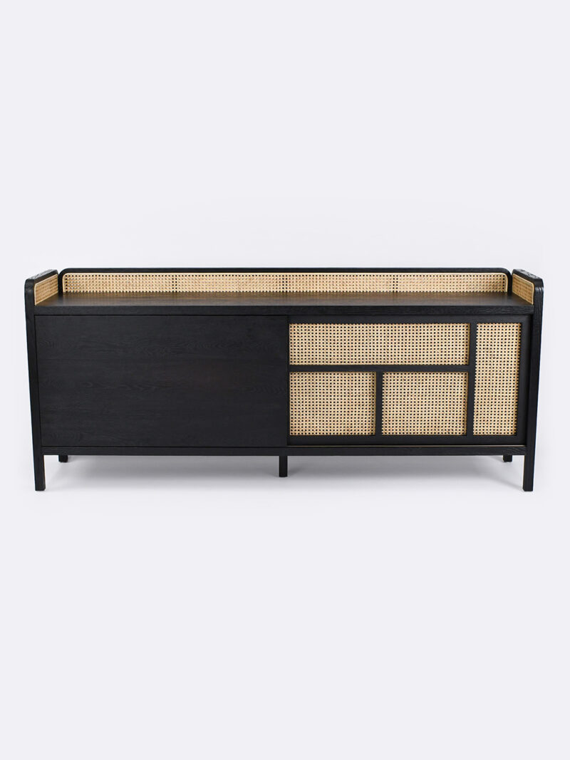 Hugo sideboard with rattan features and black timber frame