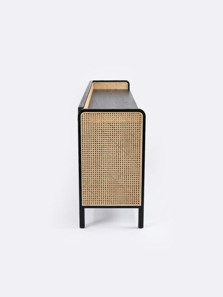 Hugo sideboard with rattan features and black timber frame - side view
