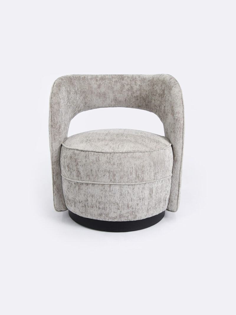 Lara Club Chair in Pebble fabric. Luxurious occasional chair with metal base.
