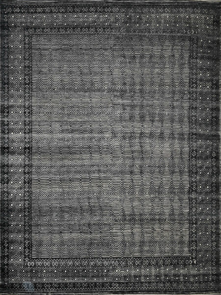 Harmony Beige/Charcoal geometric patterned rug handknotted in 100% wool - overhead image