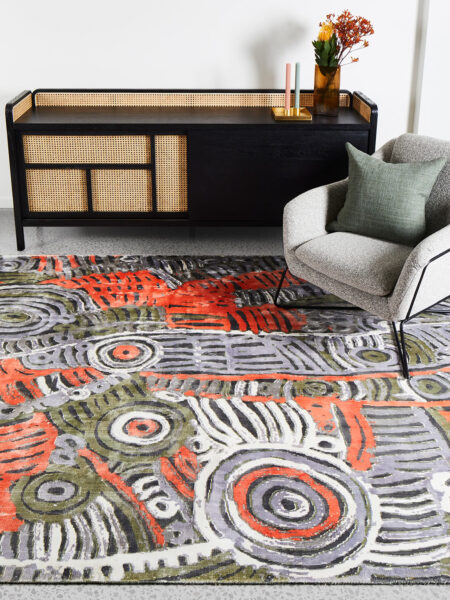 Akarley by Charmaine Pwerle - Indigenours rug design in orange, green and grey colours - lifestyle image