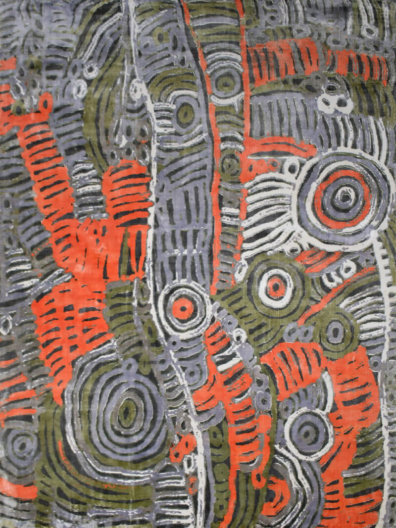 Akarley by Charmaine Pwerle - Indigenours rug design in orange, green and grey colours - overhead image