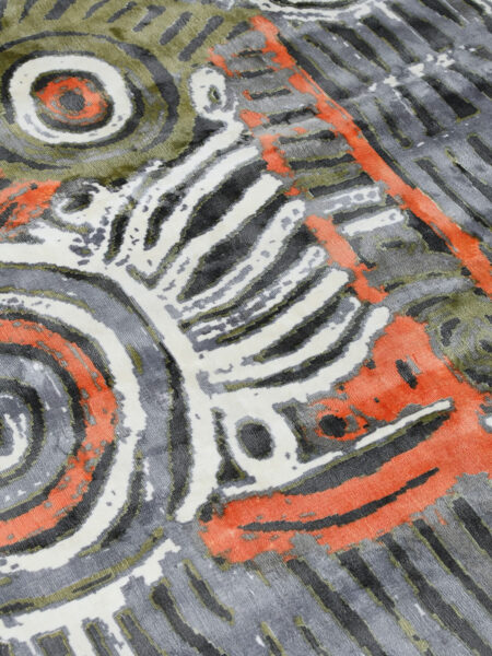 Akarley by Charmaine Pwerle - Indigenours rug design in orange, green and grey colours - detail image