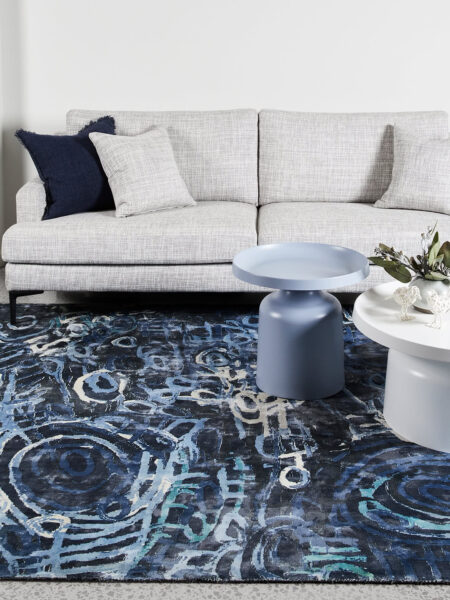 Anjurra by Charmaine Pwerle - Indigenours rug design in blue colours - lifestyle image