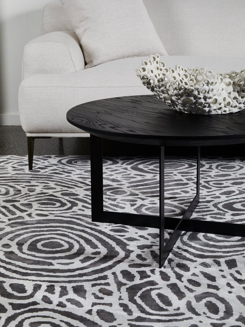 Kwerralya by Charmaine Pwerle - Indigenours rug design with black and white pattern - lifestyle image