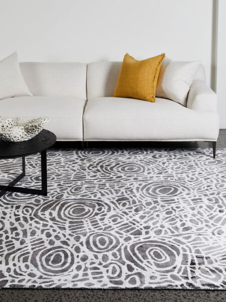 Kwerralya by Charmaine Pwerle - Indigenours rug design with black and white pattern - lifestyle image