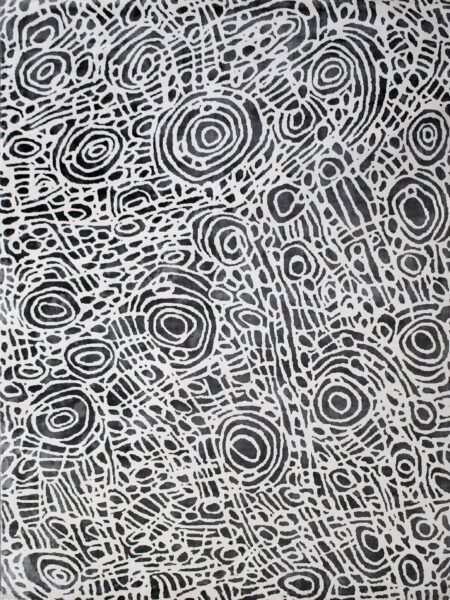 Kwerralya by Charmaine Pwerle - Indigenours rug design with black and white pattern - overhead image