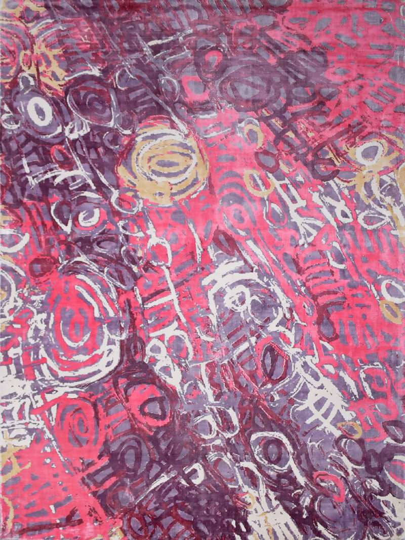 Malangka by Charmaine Pwerle - Indigenours rug design in pink and purple colours - overhead image