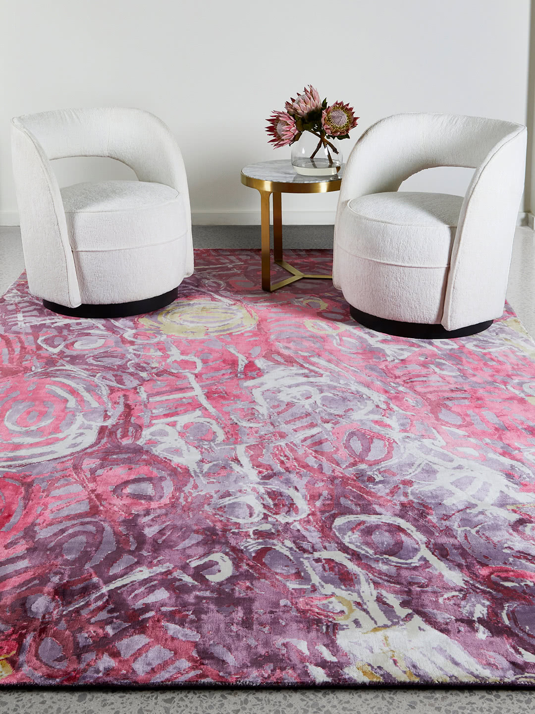 Malangka by Charmaine Pwerle - Indigenours rug design in pink and purple colours - lifestyle image