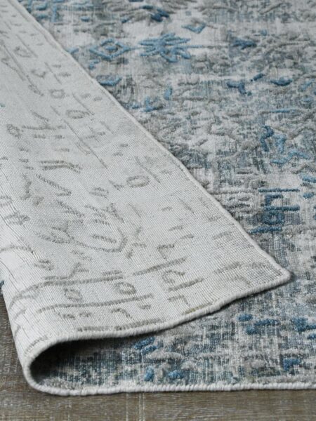 Bastille Silver Blue grey handloom knotted wool & artsilk rug - back image