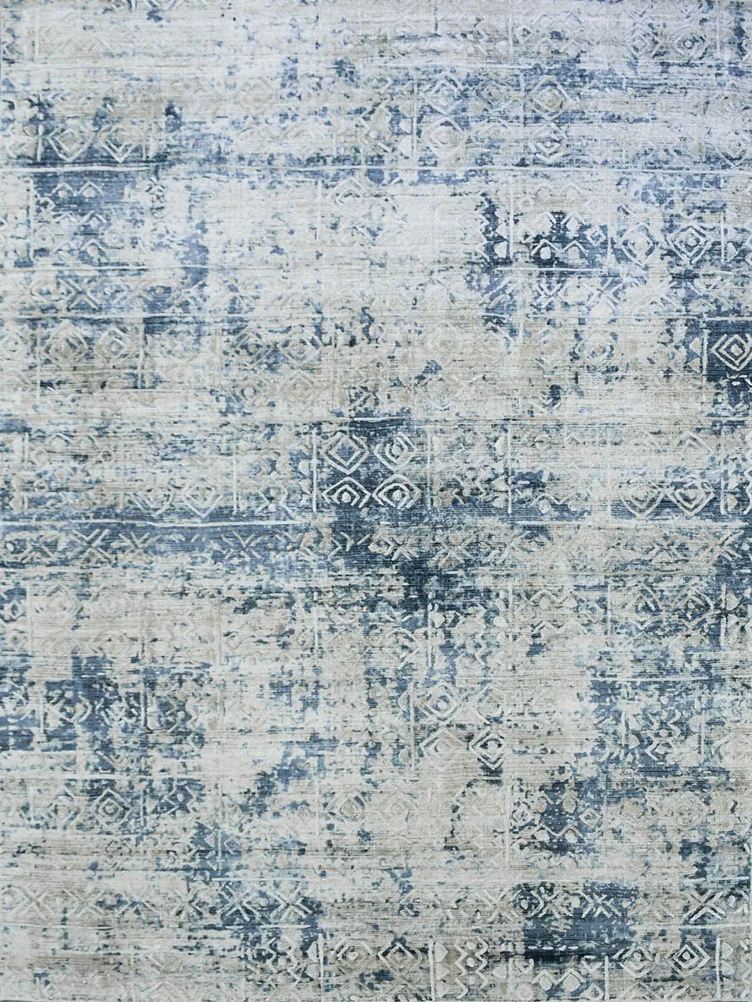 Bastille Silver Indigo blue grey handloom knotted wool & artsilk rug - overhead image
