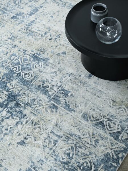 Bastille Silver Indigo blue grey handloom knotted wool & artsilk rug - lifestyle image