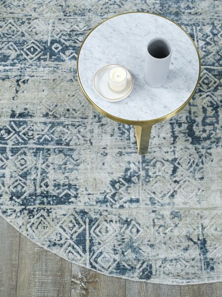 Bastille Silver Indigo blue grey handloom knotted wool & artsilk round rug - lifestyle image