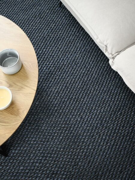 Palmas Midnight navy blue flatweave rug handmade in 100% wool - lifestyle image