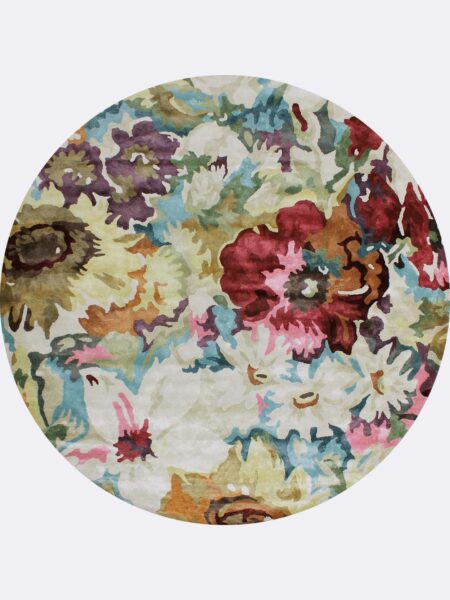 Romance Multi floral round rug handmade in luxurious artsilk