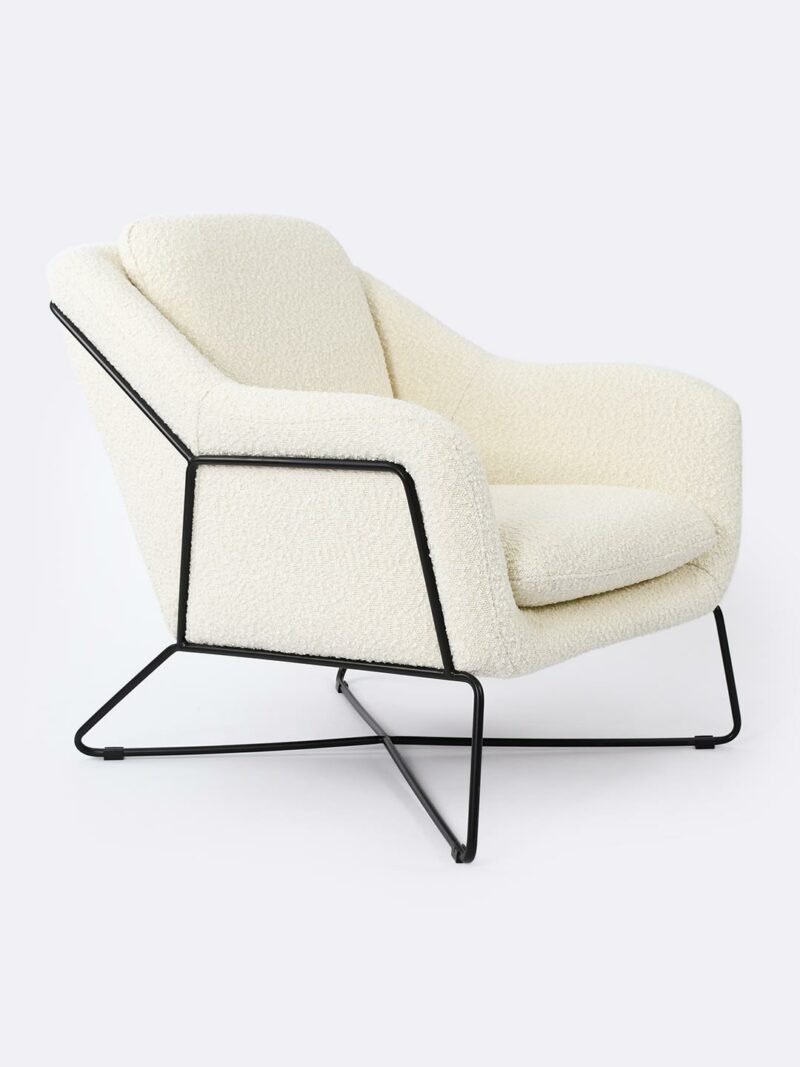 Charlie Occasional Chair in Ivory boucle fabric with matte black powder-coated metal frame.