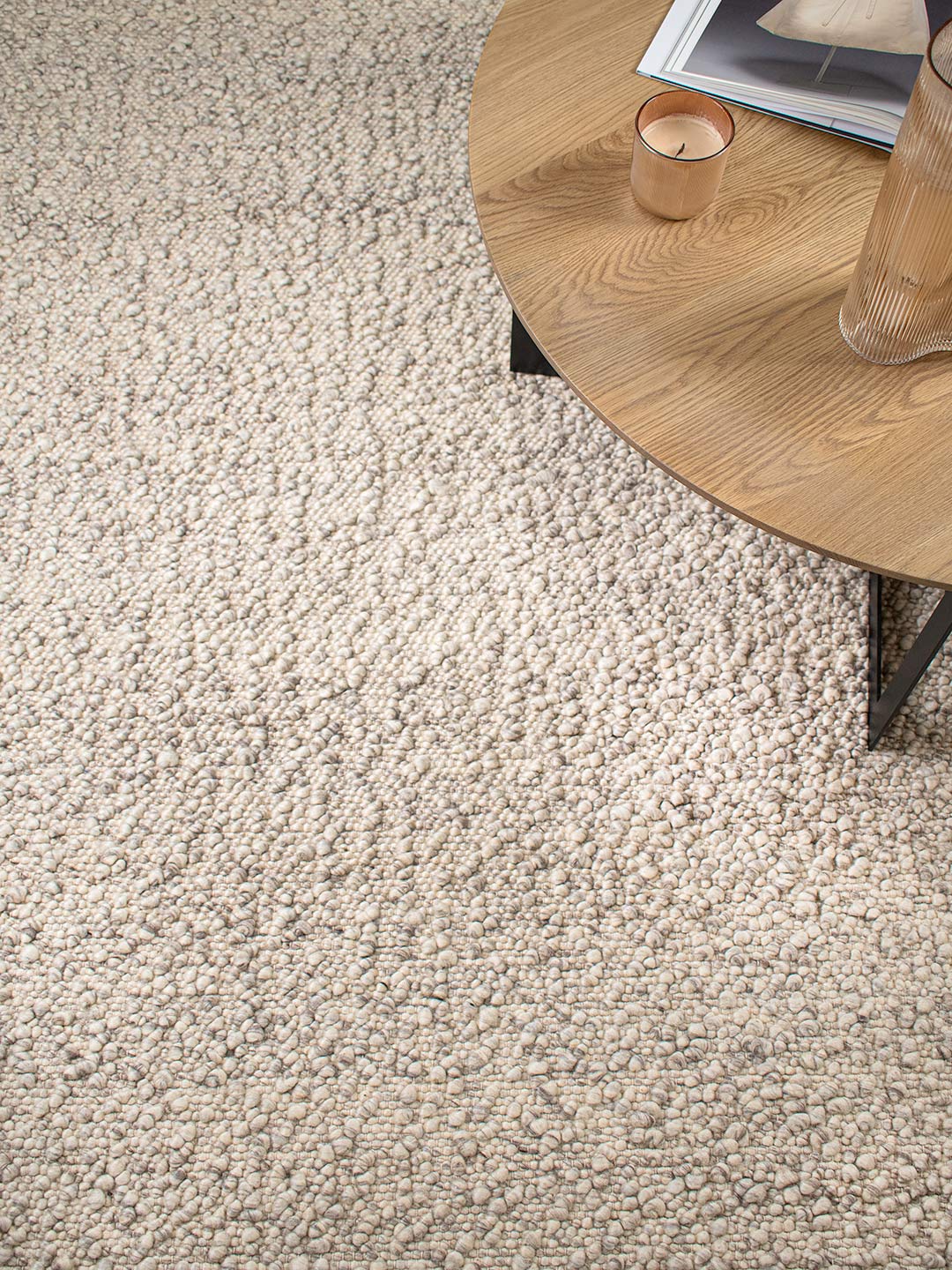 Boucle textural wool rug in frost beige colour insitu