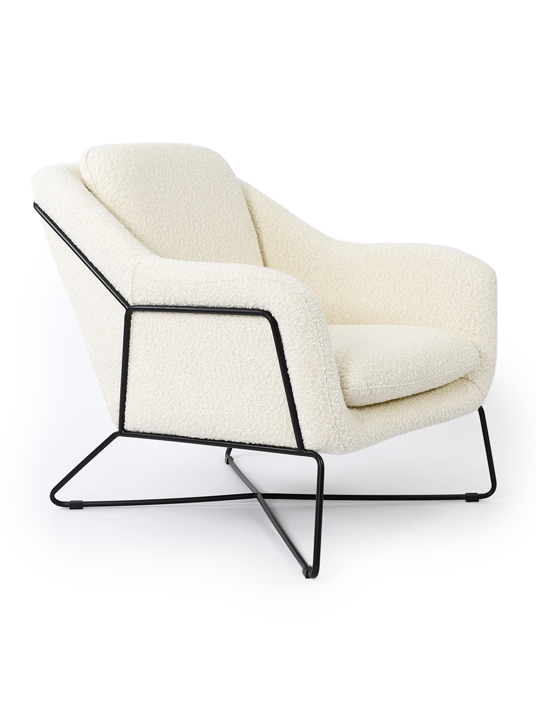 Charlie Occasional Chair in Ivory boucle fabric with matte black powder-coated metal frame.