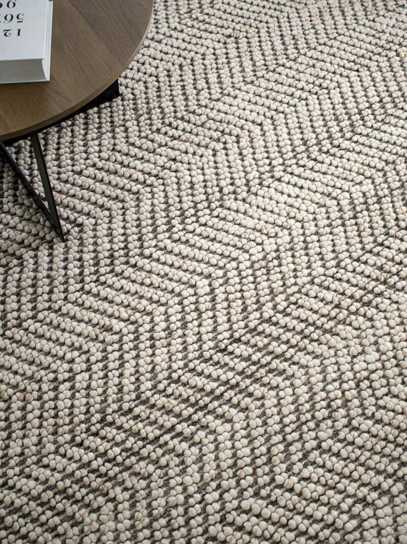 Caspian Beige textured chevron design rug handwoven in wool and artsilk - insitu image