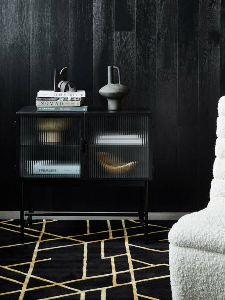 Amelie Cabinet Black Glass Front Tallira Furniture By The Rug Collection Insitu