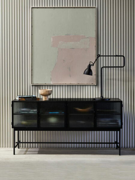 Amelie Sideboard Black Glass Front Tallira Furniture By The Rug Collection Insitu