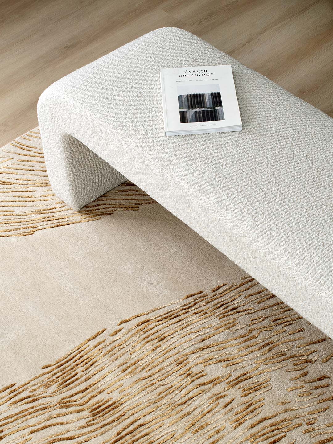 Stevie Bench Pearl Ivory Boucle Tallira Furniture The Rug Collection insitu