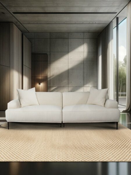 Alexis Sofa Vanilla Insitu Beige Fabric Couch in a house room with window, Tallira Furniture By The Rug Collection