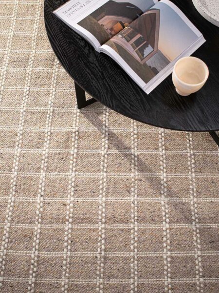 Bellevue rug. Handwoven wool rug in caramel neutral colour tones by Tallira by the rug collection.