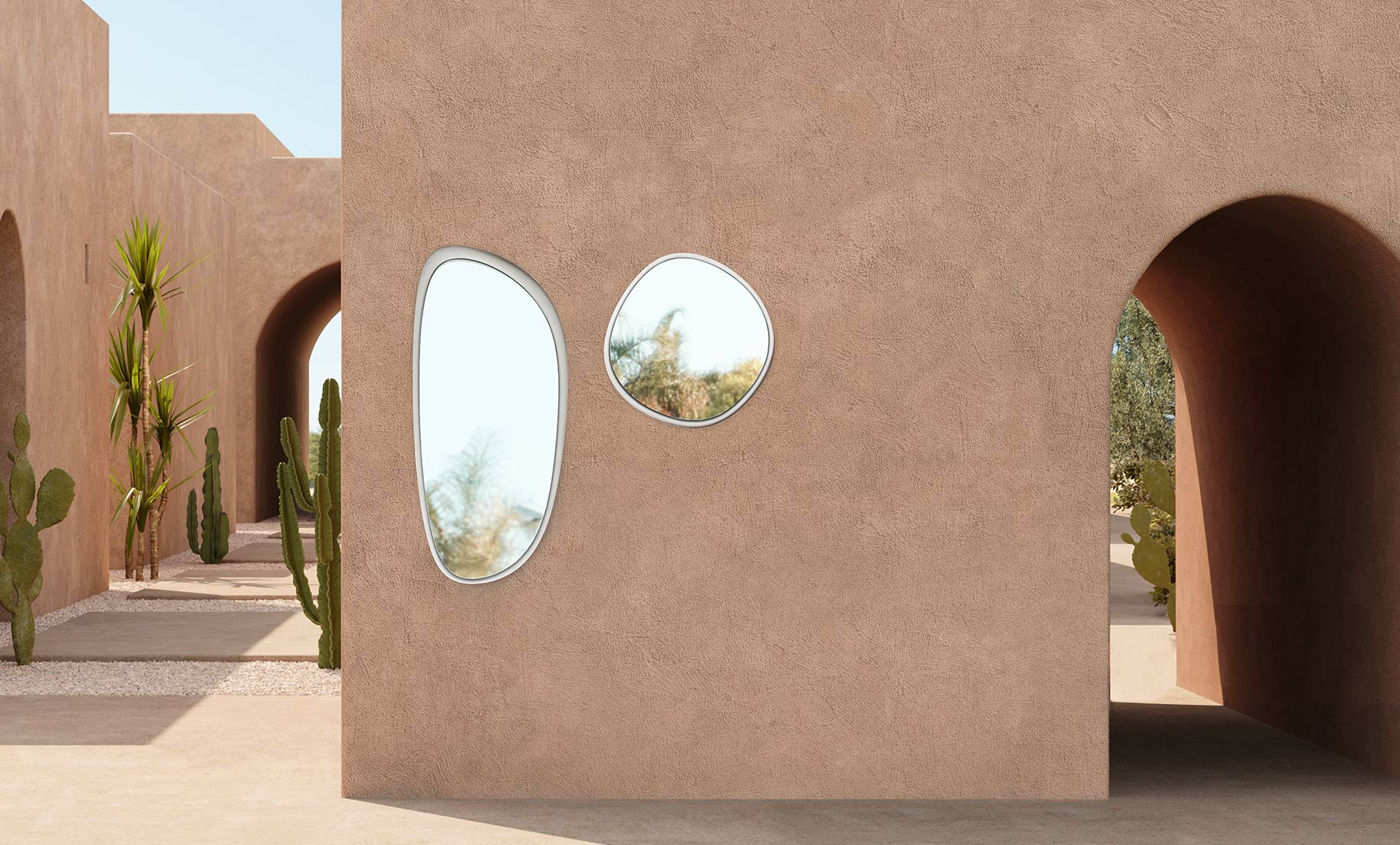 Gusa Mirror Salt White Frame in earthy render wall, for indoor/outdoor use by Muundo