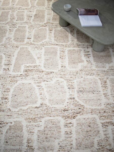 heras rug in handwoven wool sand beige pattern insitu moroccan pattern tallira by the rug collection